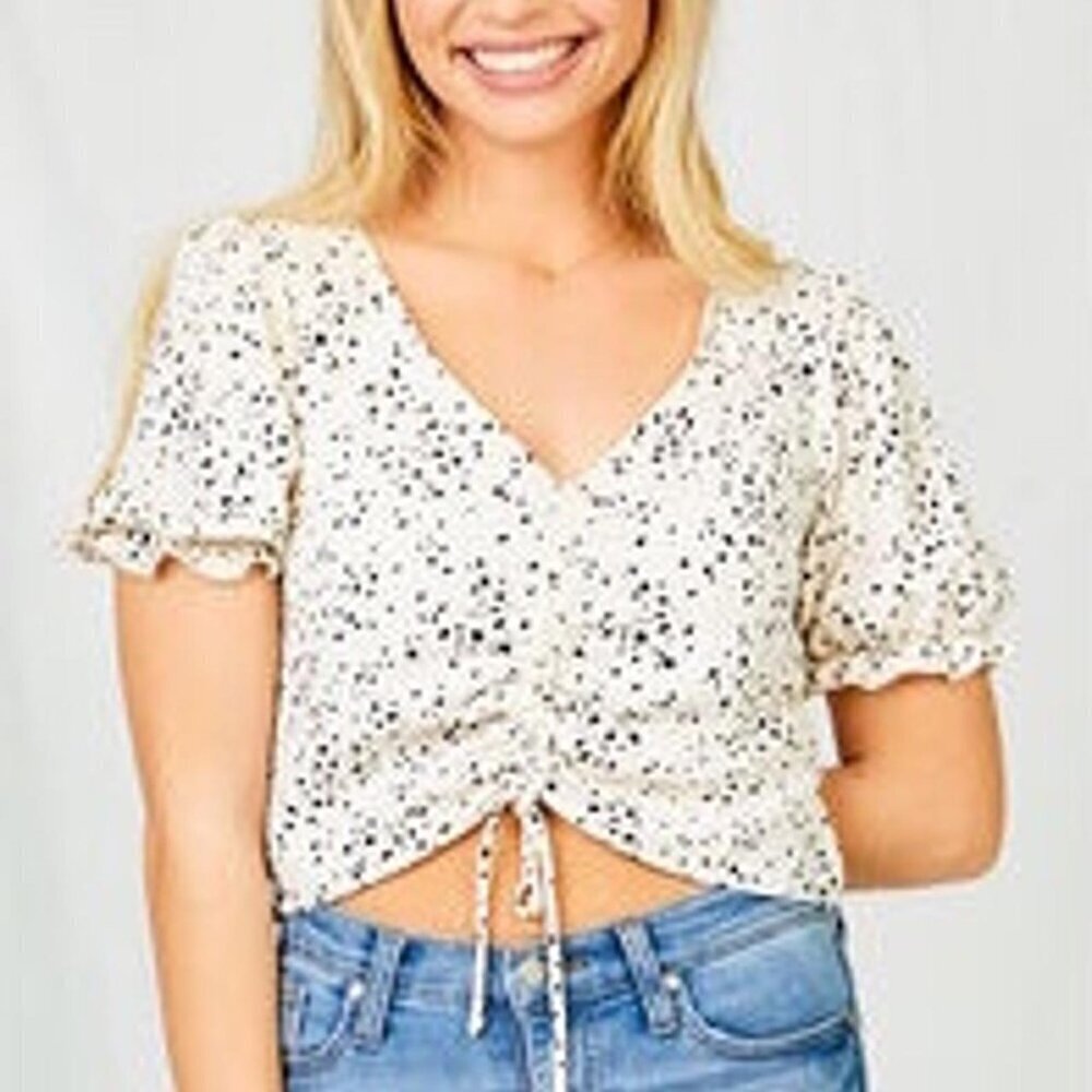 Altared State Polka Dot Front Cinch Tie Blouse With Puff Sleeves Small